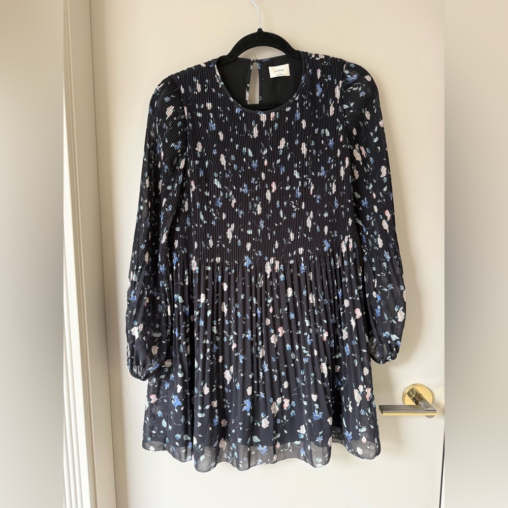 Wilfred Black Floral Pleated Long-Sleeve Mini Dress